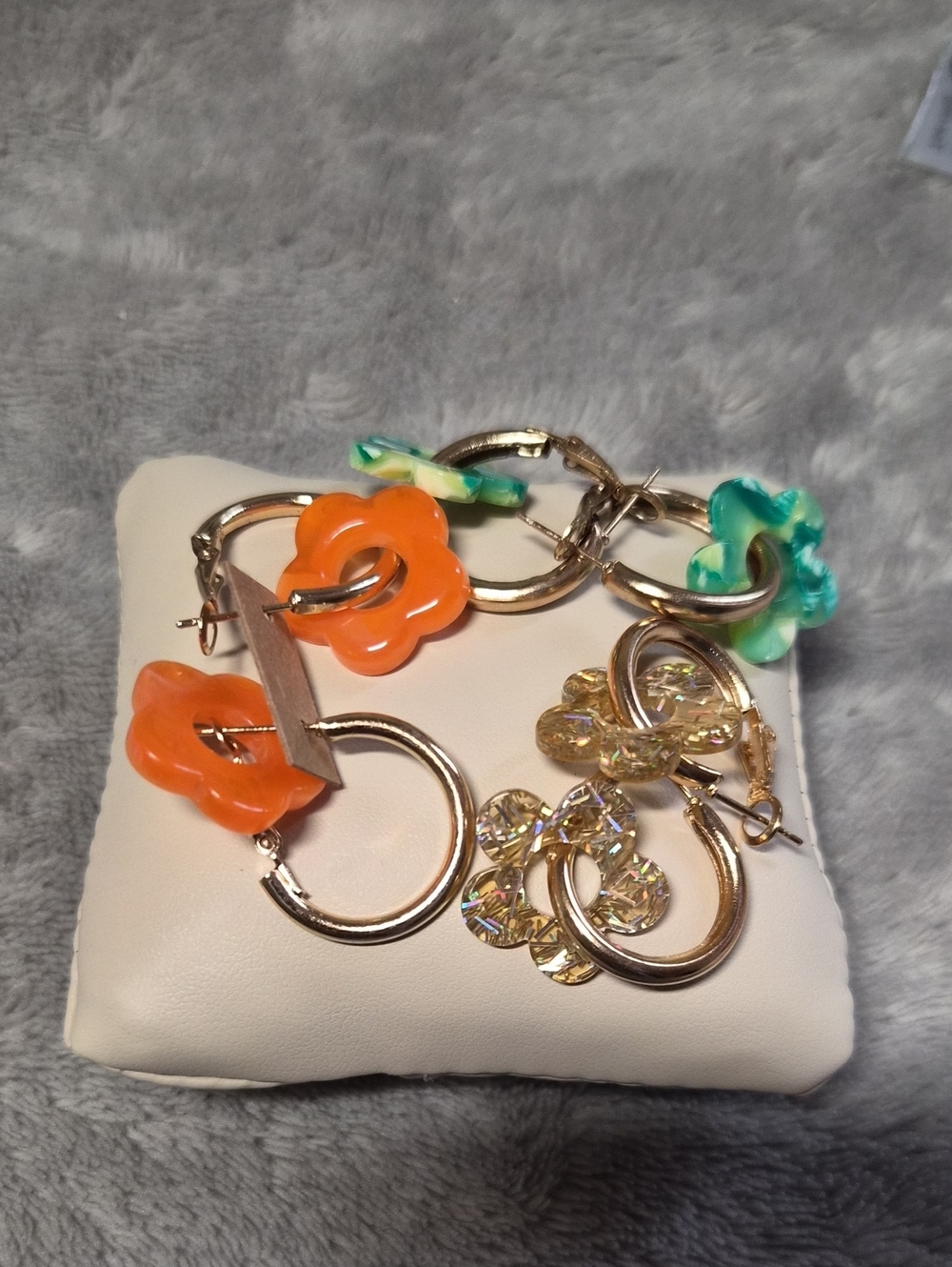 Colorful Floral Hoop Earrings - Orange, Green & Gold